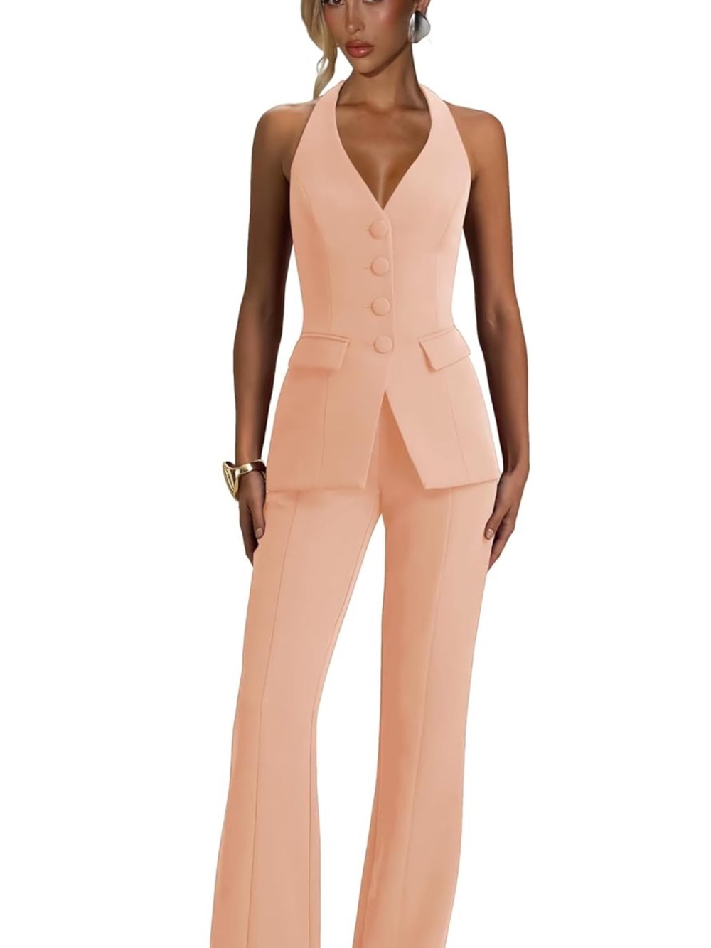 Amazon Peach Halter Wide-Leg Jumpsuit